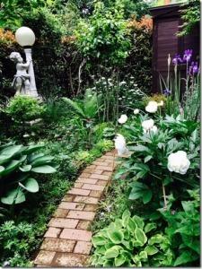 観葉植物が生い茂る中にレンガを並べた細い道がある緑あふれる庭の写真
